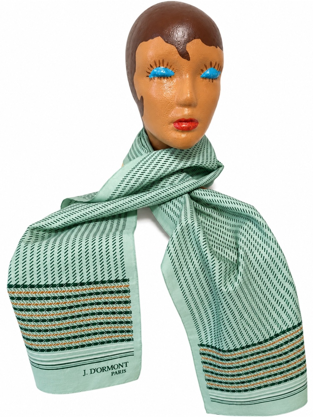 J. D’ORMONT Paris Mint Green Rust Patterned Silk Scarf